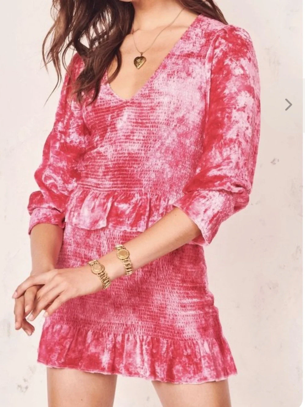 LoveShackFancy Evan Pink Grenadine Crushed Velvet Smocked Mini Dress Size M NWOT